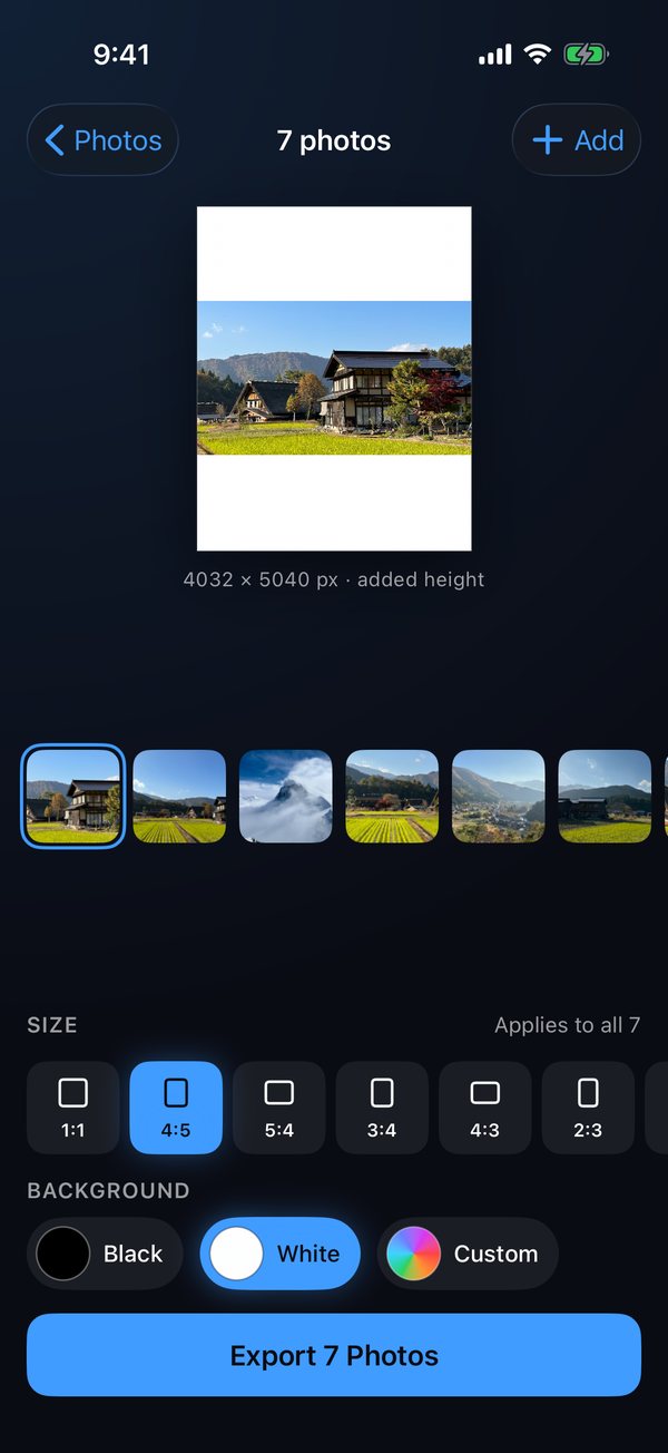 The JayResize editor with seven photos selected: a landscape photo padded to 4:5 with a white background, nothing cropped.