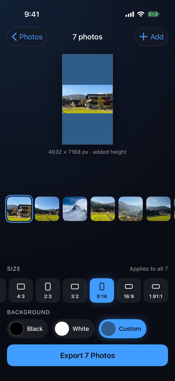A landscape photo padded to 9:16 for a story, filled with a custom blue background, with the size picker below.