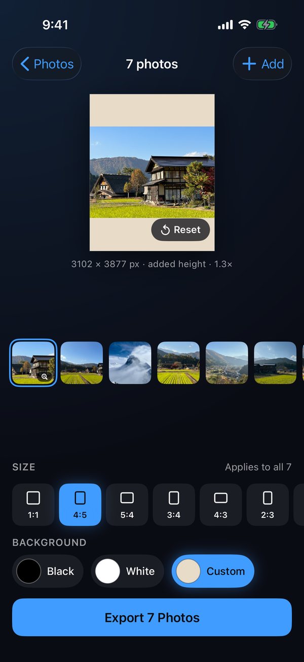 A photo zoomed to 1.3 times and reframed inside a 4:5 frame, with a Reset button to go back to the full picture.